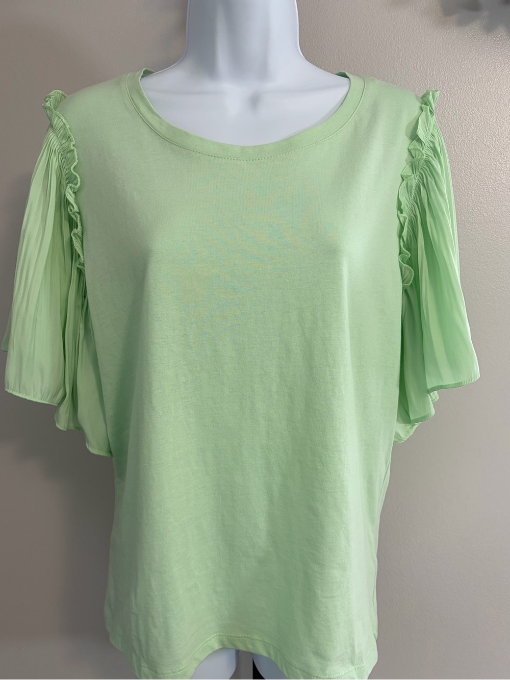 NWT Blue Sol- Flutter, Pleat Short Sleeve Top in Light Green